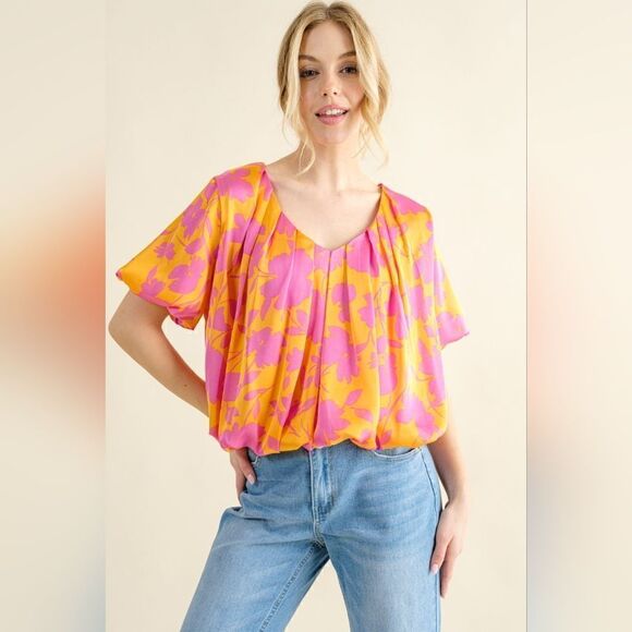 Tops - Full Size Printed Satin Bubble Hem Top